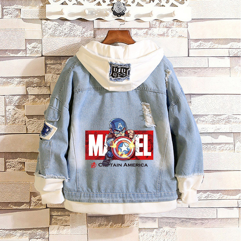 Unisex Trendy Comic Spider Denim Hooded Coat