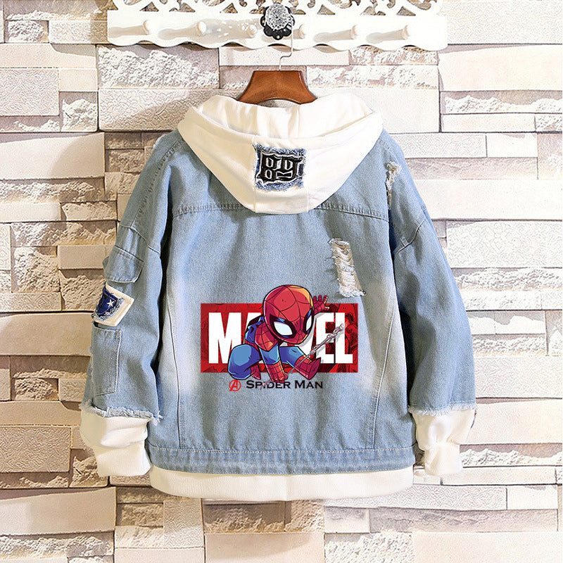 Unisex Trendy Comic Spider Denim Hooded Coat