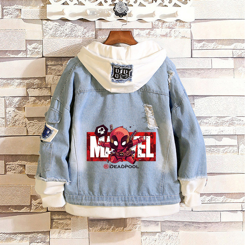 Unisex Trendy Comic Spider Denim Hooded Coat