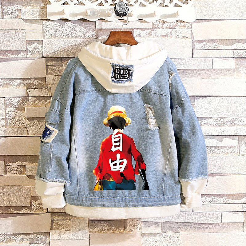 Unisex Luffy Print Casual Denim Hooded Jacket