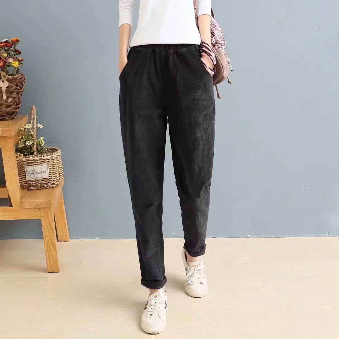 Women's Solid Color Elastic Waist Slim Corduroy Casual Pants