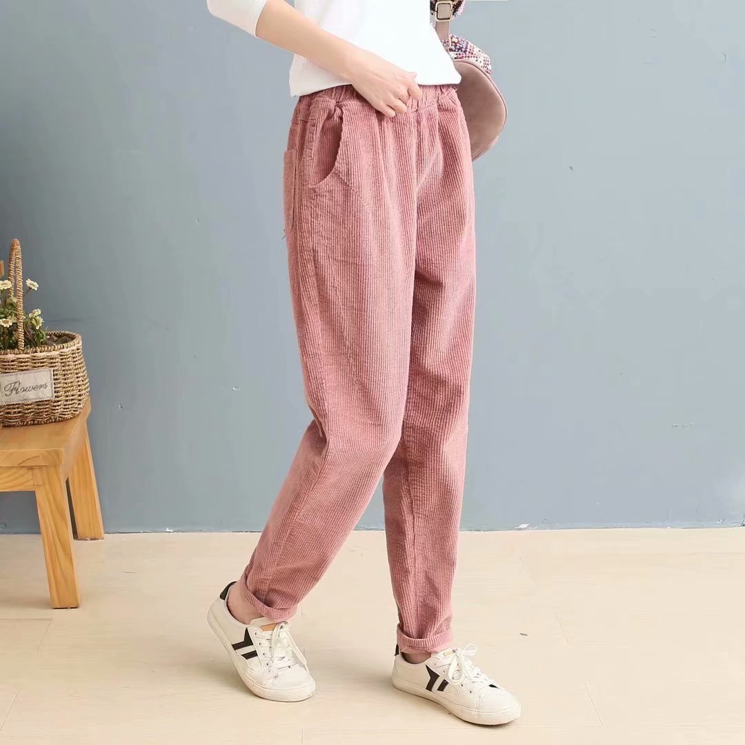 Women's Solid Color Elastic Waist Slim Corduroy Casual Pants