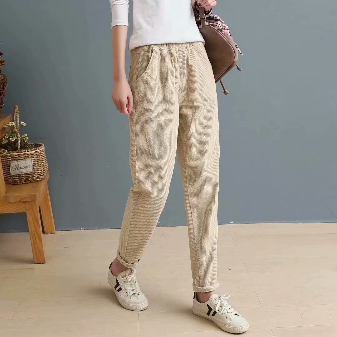 Women's Solid Color Elastic Waist Slim Corduroy Casual Pants