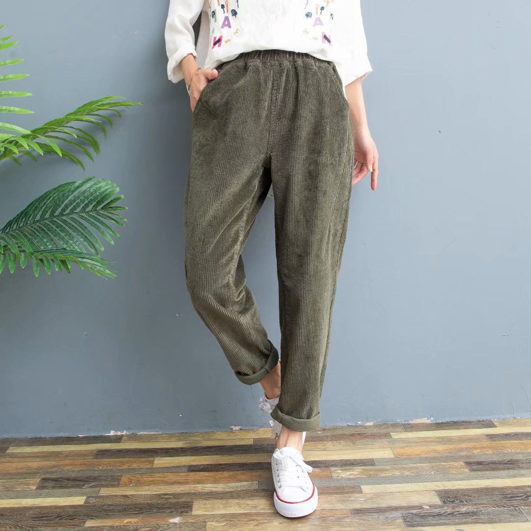 Women's Solid Color Elastic Waist Slim Corduroy Casual Pants