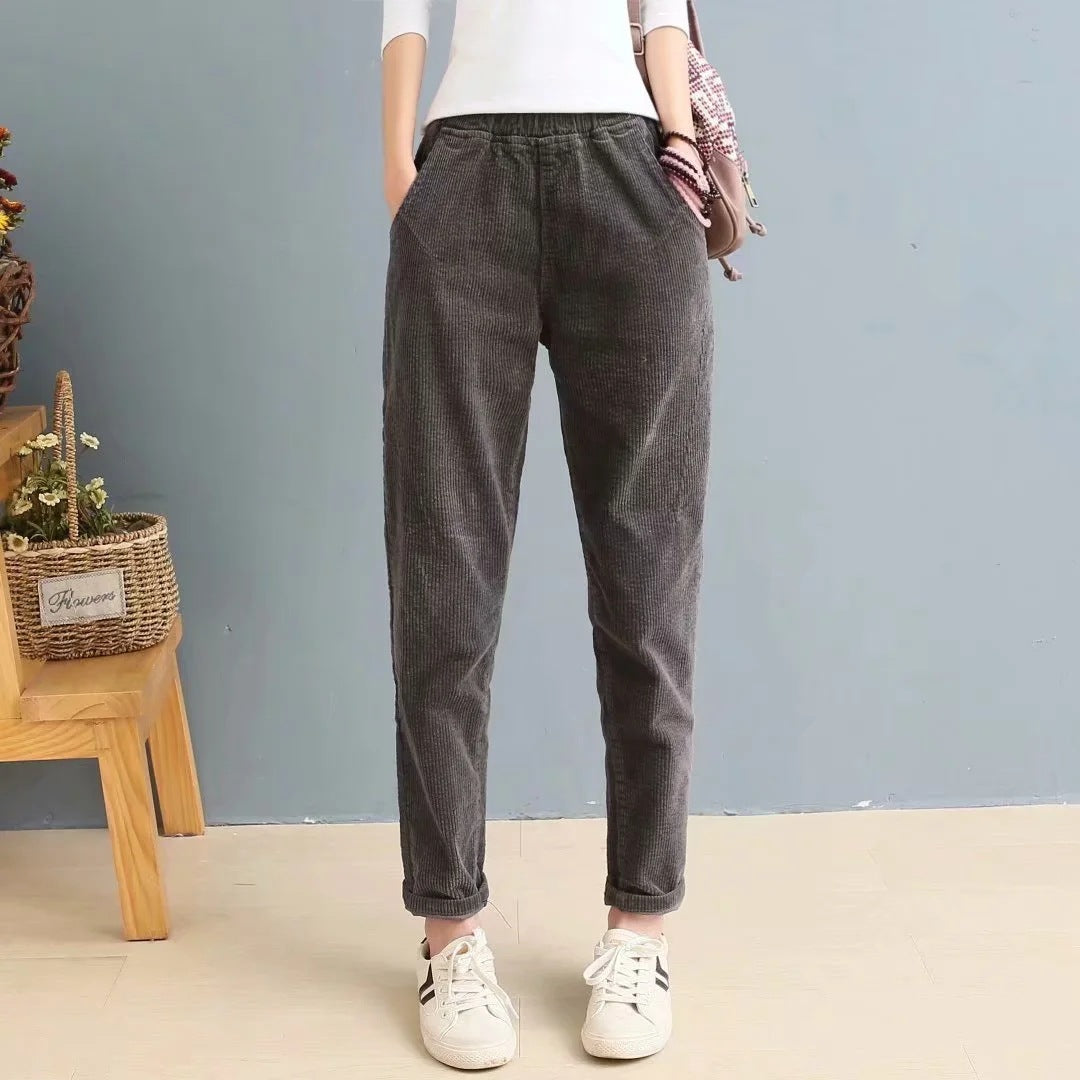 Women's Solid Color Elastic Waist Slim Corduroy Casual Pants