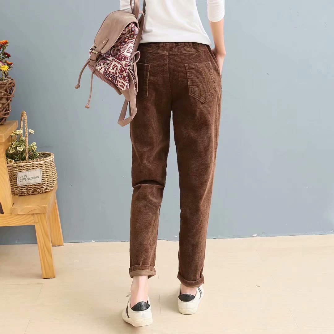 Women's Solid Color Elastic Waist Slim Corduroy Casual Pants