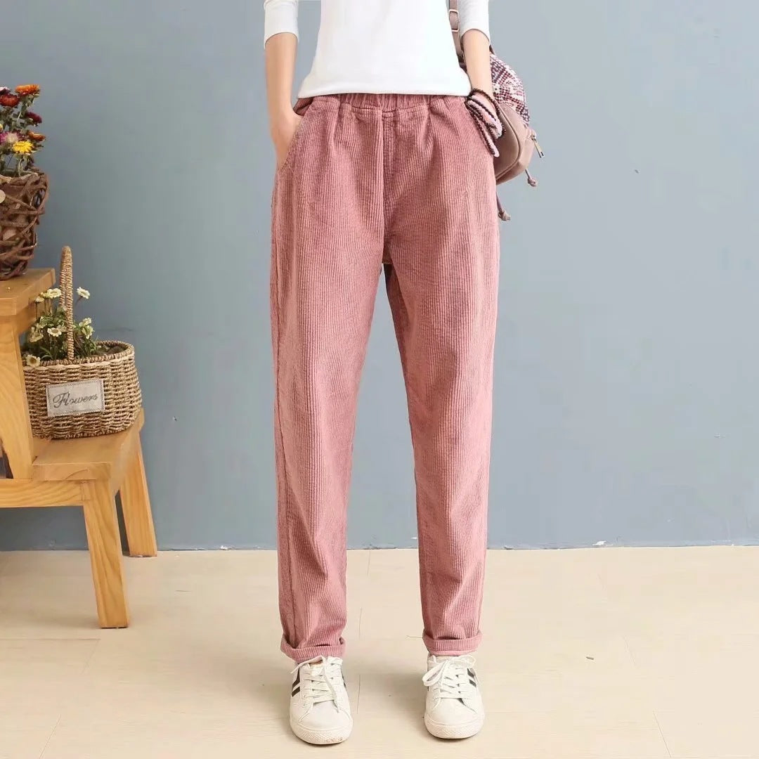 Women's Solid Color Elastic Waist Slim Corduroy Casual Pants