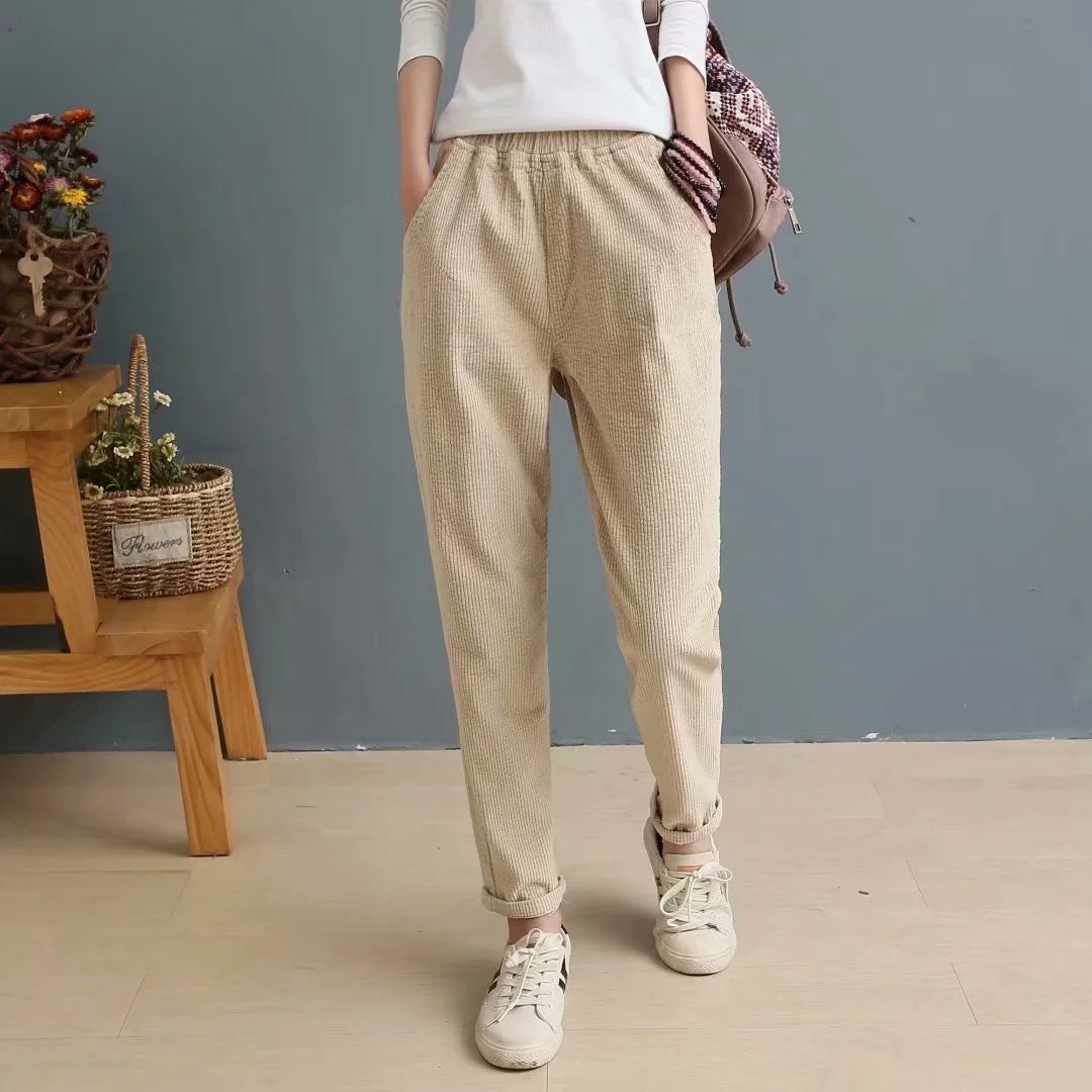 Women's Solid Color Elastic Waist Slim Corduroy Casual Pants