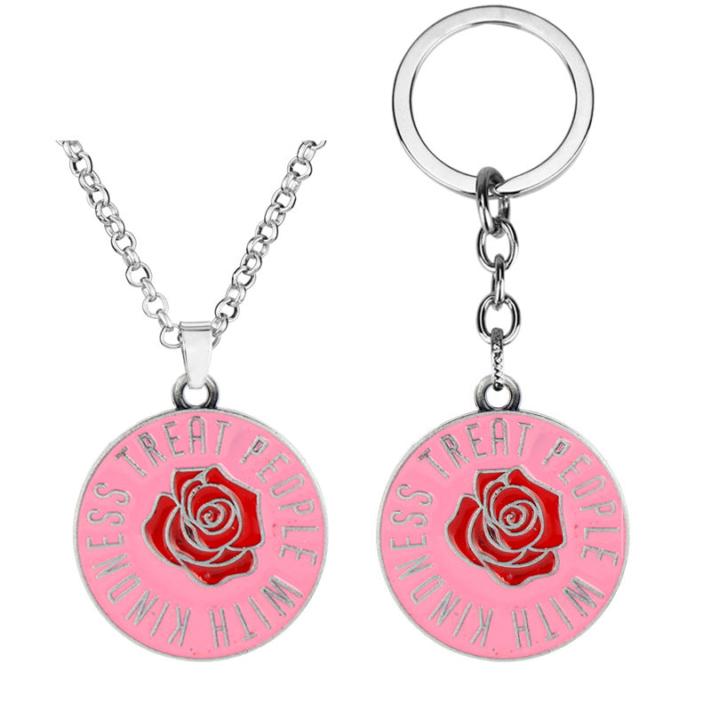 Treat People with Kindness Letter Rose Keychain Necklace