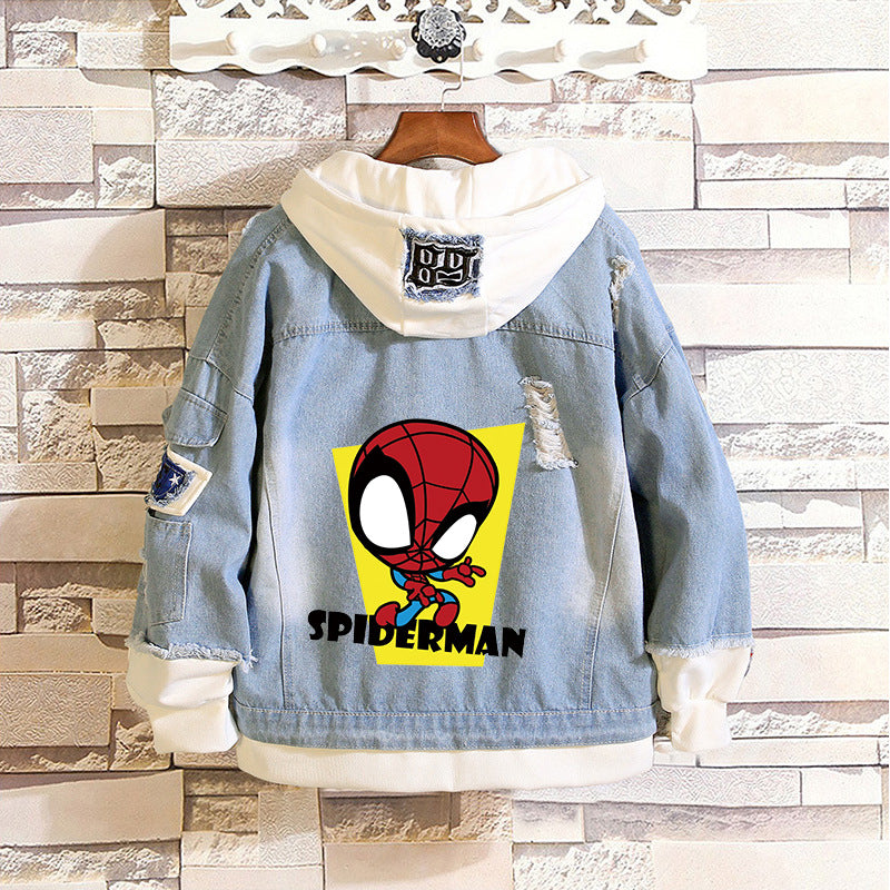 Unisex Trendy Comic Spider Denim Hooded Coat