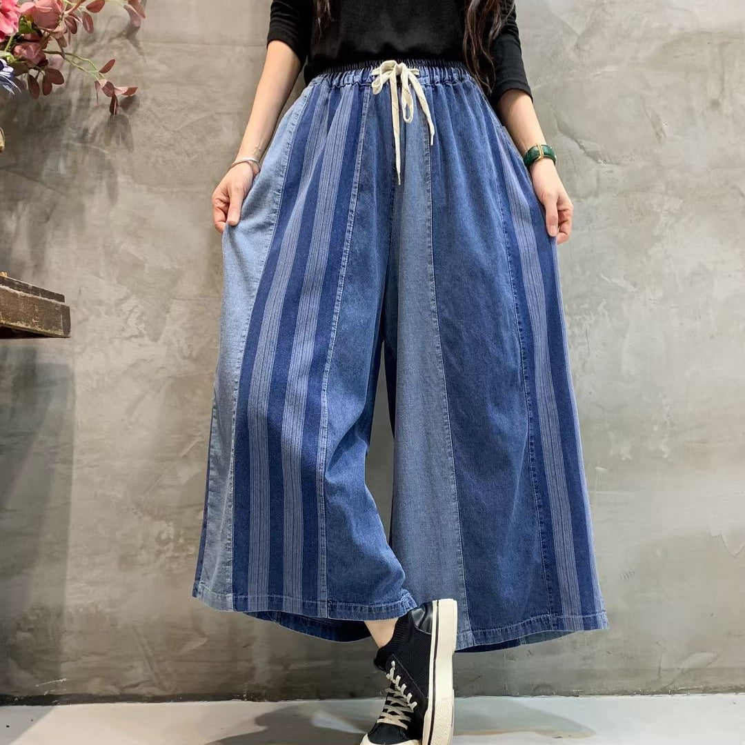 Retro Elastic Waist Color Block Soft Jeans Wide Leg Pants