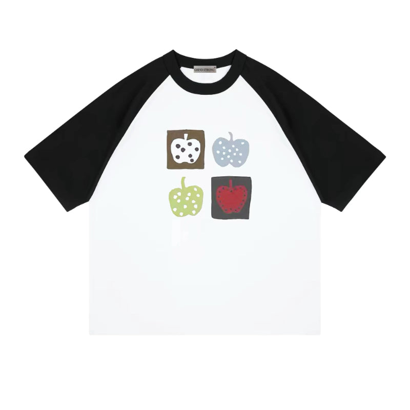IROHA Same Color Block Apple Printed T-shirt
