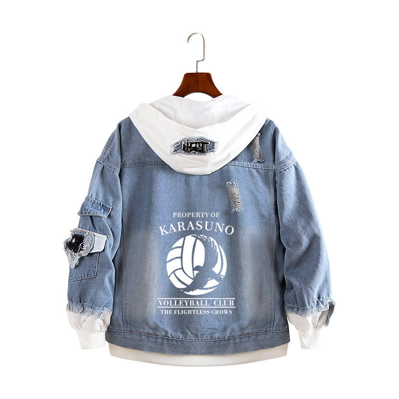 Unisex Volleyball Graphic Print Loose Denim Coat