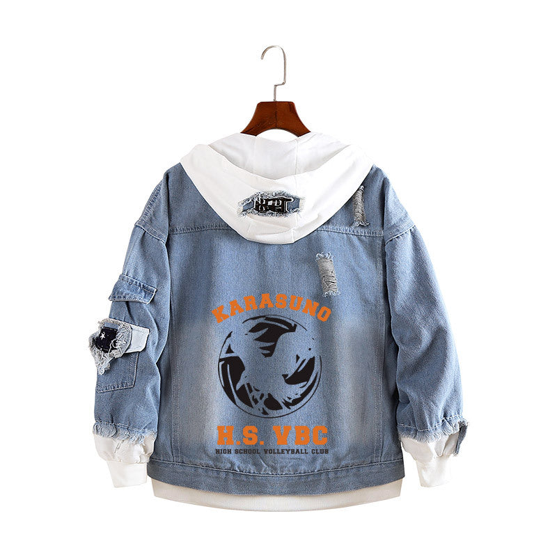 Unisex Volleyball Graphic Print Loose Denim Coat