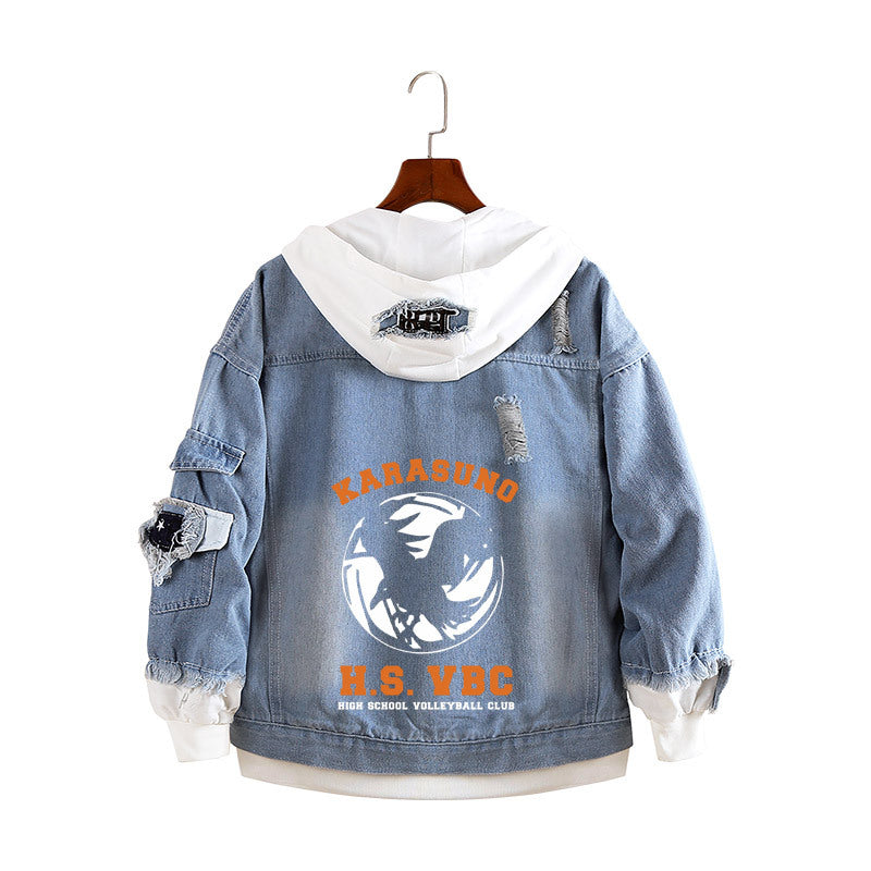 Unisex Volleyball Graphic Print Loose Denim Coat