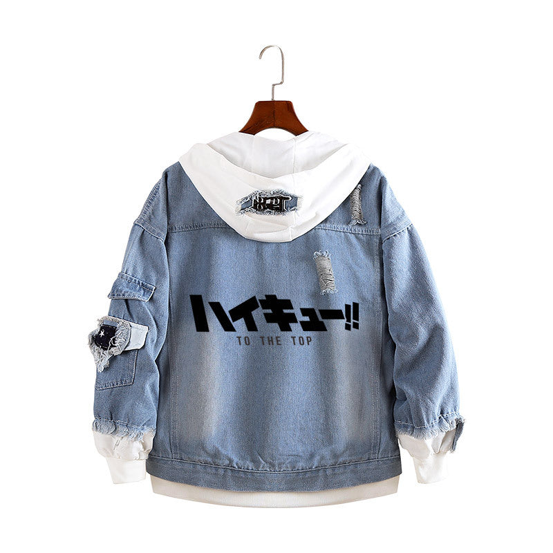 Unisex Volleyball Graphic Print Loose Denim Coat