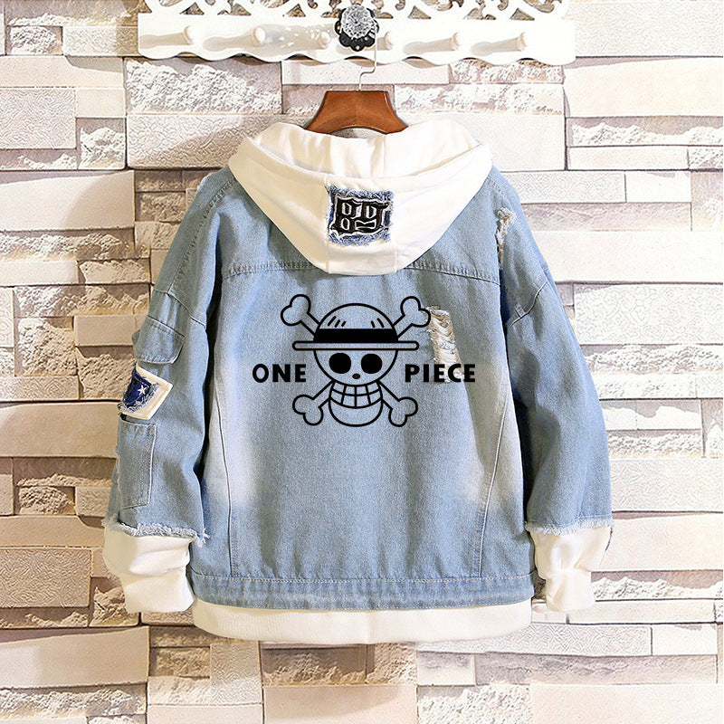 Unisex Luffy Print Casual Hooded Denim Jacket