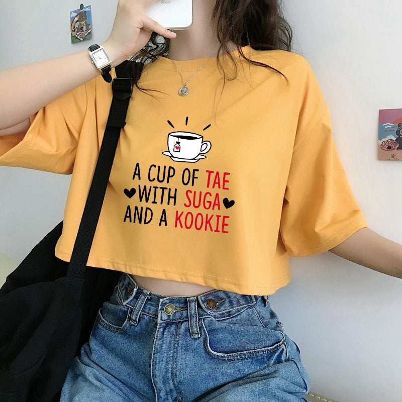 Cute Women's A Cup of Tae with Suga and A Kookie Cropped Tee