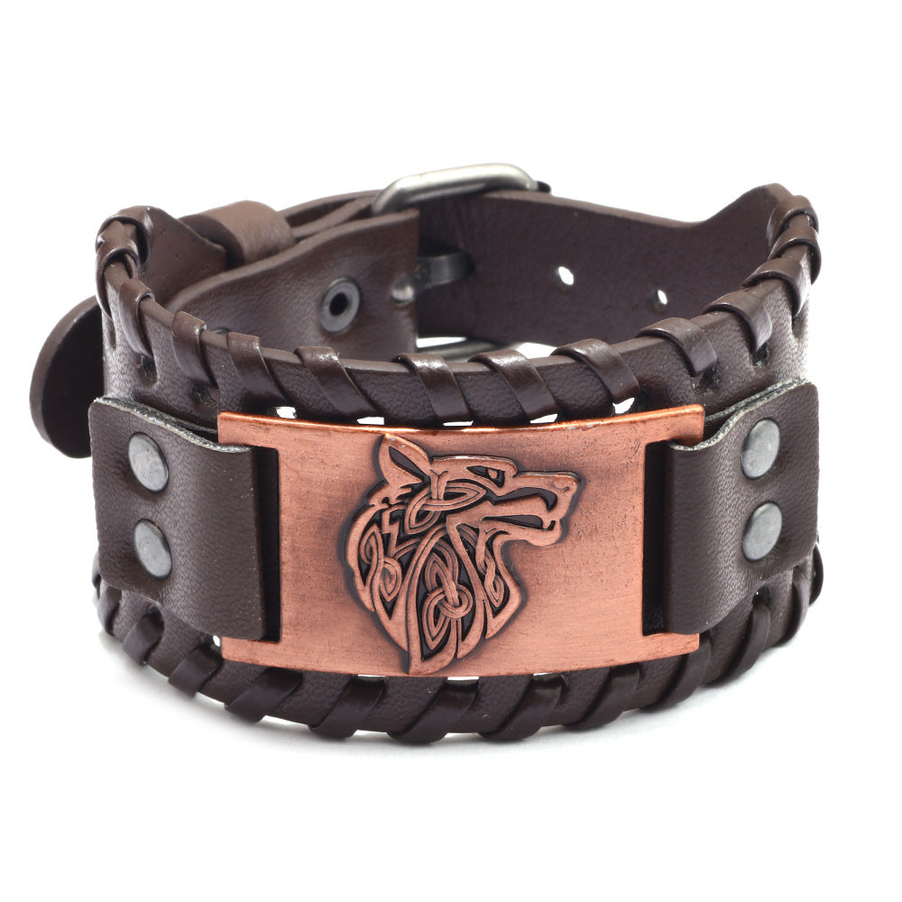 Men's Wolf Head Leather Bracelet