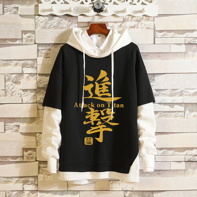 Unisex Anime Fake Two-piece Pullover Hoodie
