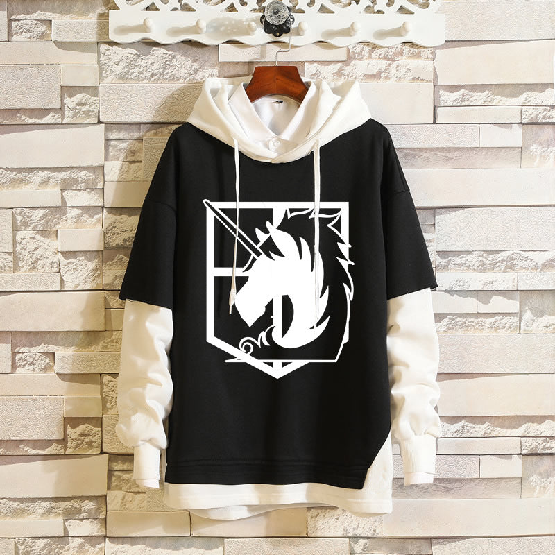 Unisex Anime Fake Two-piece Pullover Hoodie