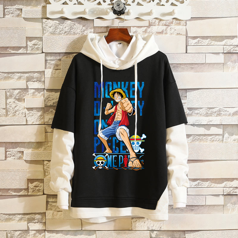 Trendy Luffy Print Men's Fake Two Piece Hoodie