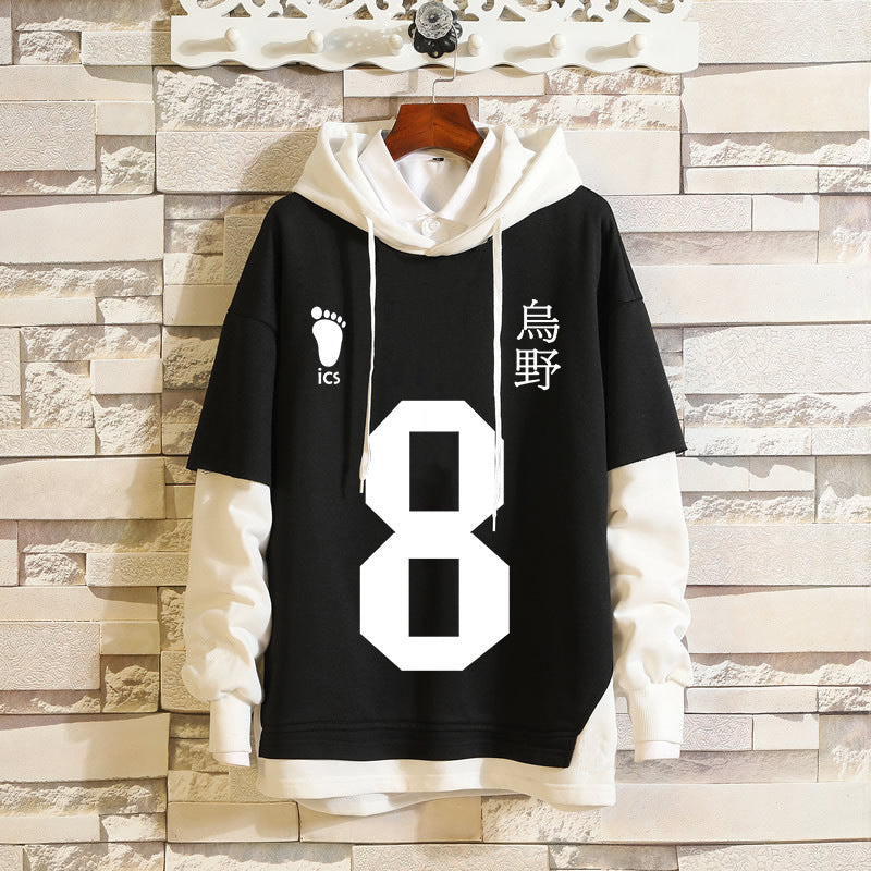 Unisex Karasuno Cosplay Fake Two Pieces Loose Hoodie