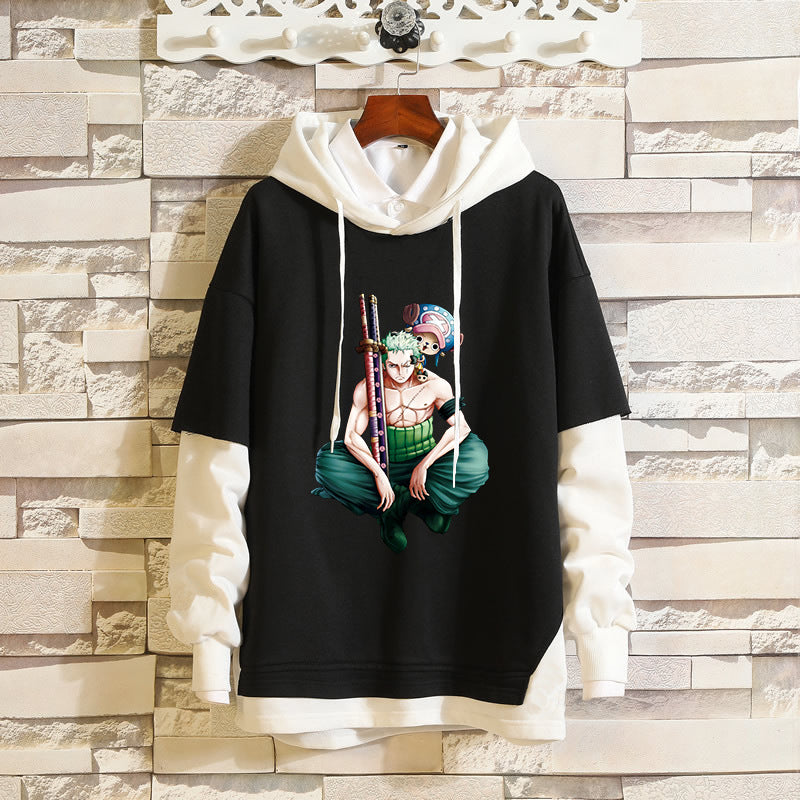 Trendy Luffy Print Men's Fake Two Piece Hoodie