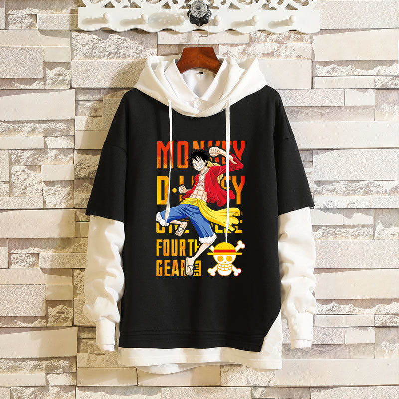 Trendy Luffy Print Men's Fake Two Piece Hoodie