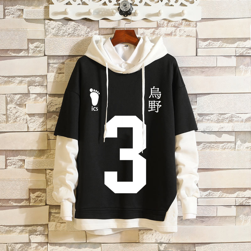 Unisex Karasuno Cosplay Fake Two Pieces Loose Hoodie