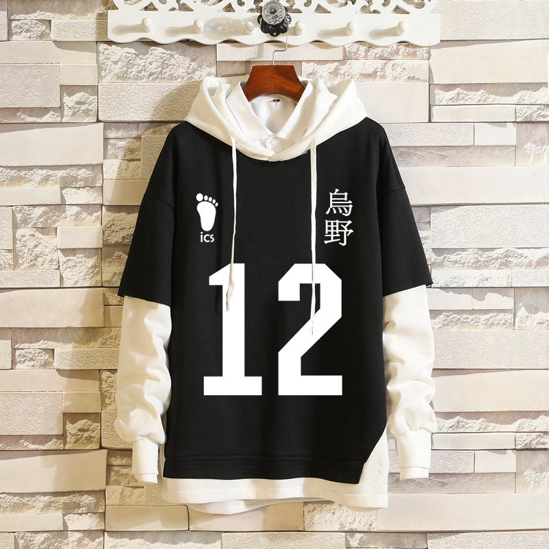 Unisex Karasuno Cosplay Fake Two Pieces Loose Hoodie