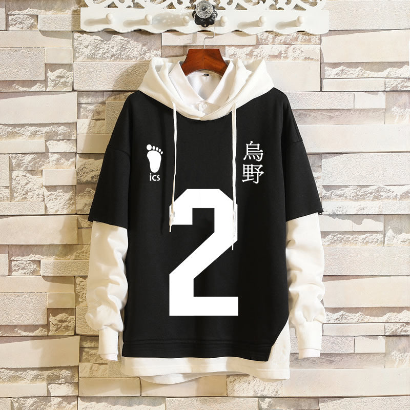 Unisex Karasuno Cosplay Fake Two Pieces Loose Hoodie