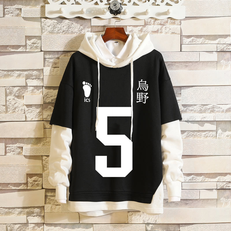 Unisex Karasuno Cosplay Fake Two Pieces Loose Hoodie