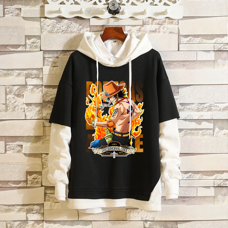 Trendy Luffy Print Men's Fake Two Piece Hoodie