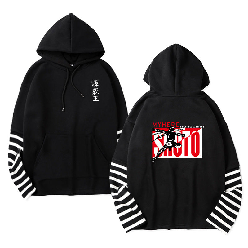 Unisex Anime Fake Two Striped Pullover Hoodie