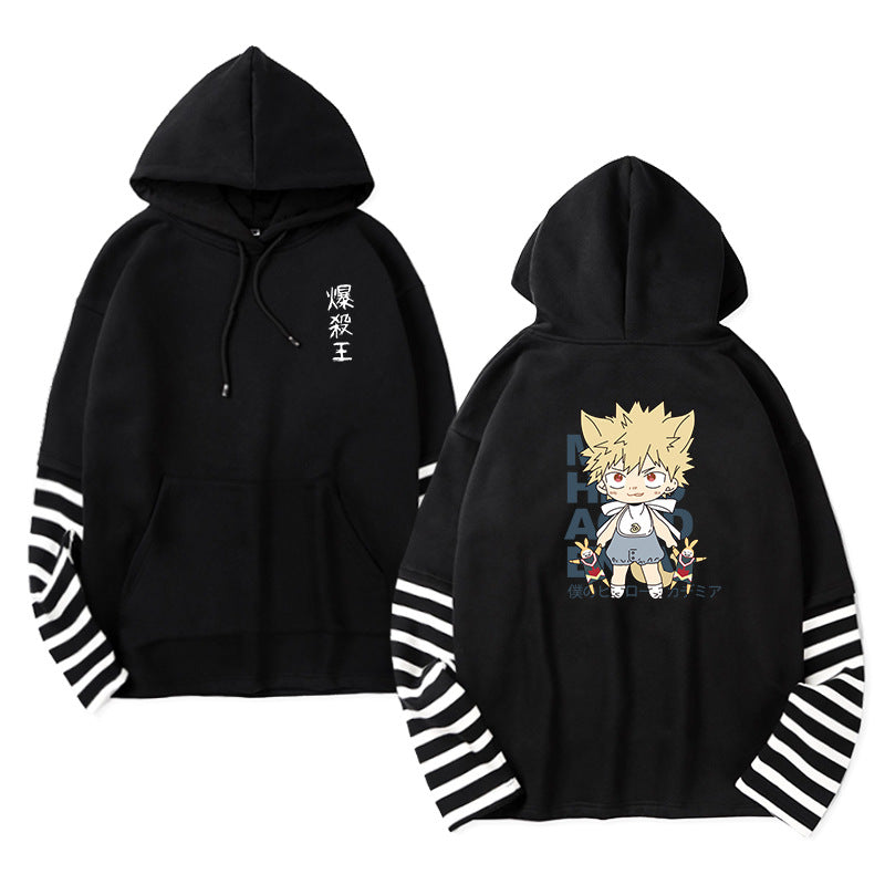 Unisex Anime Fake Two Striped Pullover Hoodie