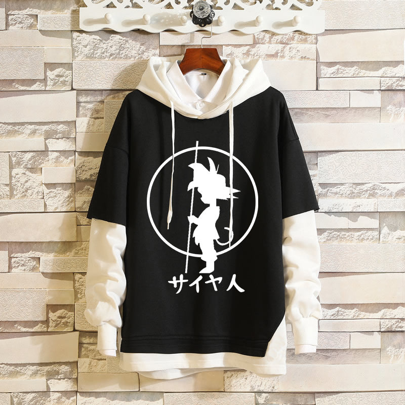 Trendy Anime Logo Fake Two Piece Loose Hoodie