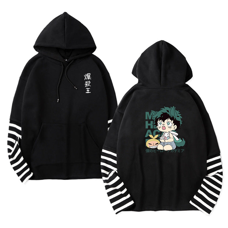 Unisex Anime Fake Two Striped Pullover Hoodie