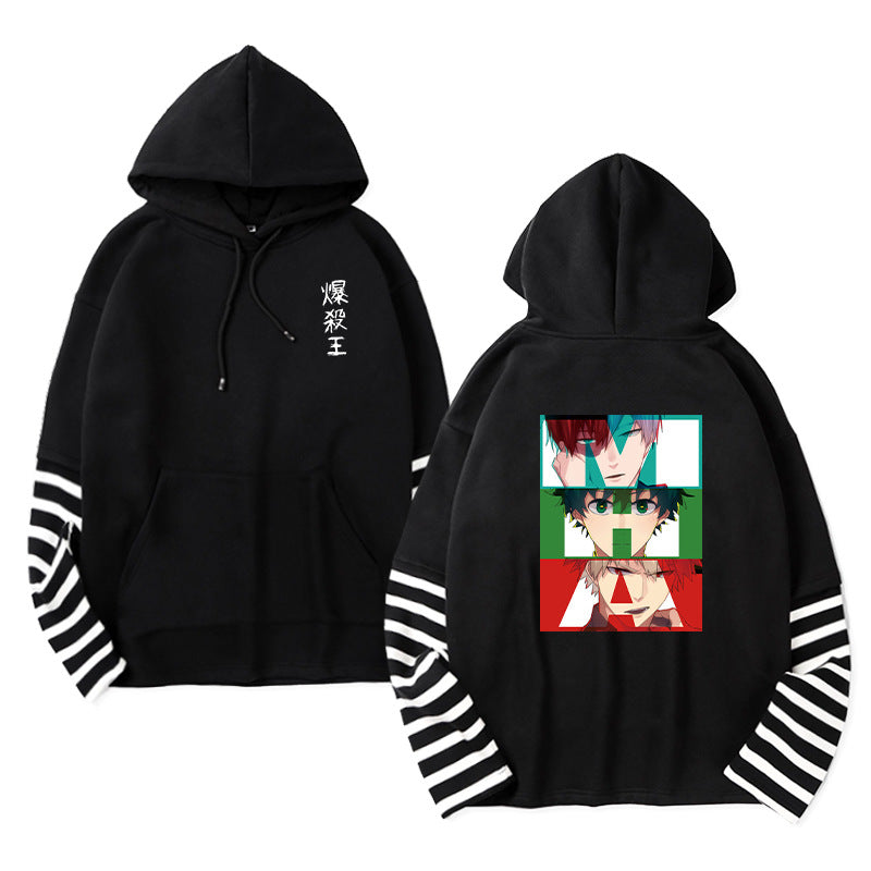 Unisex Anime Fake Two Striped Pullover Hoodie