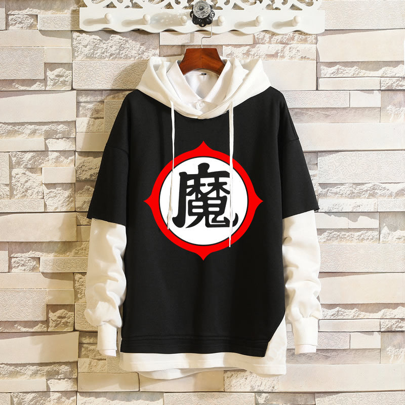 Trendy Anime Logo Fake Two Piece Loose Hoodie