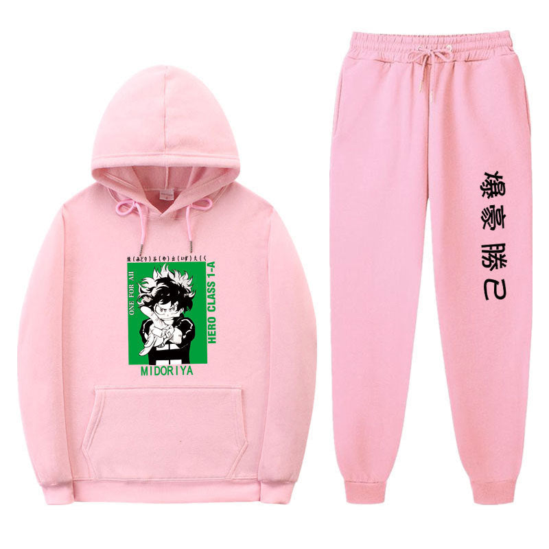 Unisex Trendy Boku Printed Pullover Hoodie Pants Set