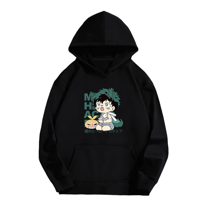 Unisex Anime Letter Printed Black Pullover Hoodie