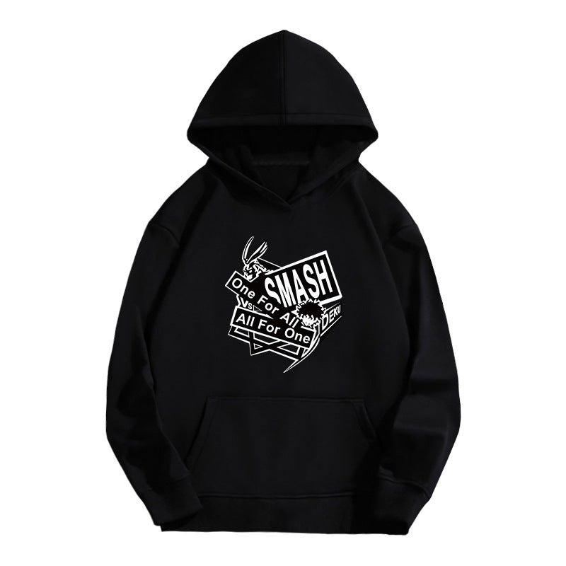 Unisex Anime Letter Printed Black Pullover Hoodie