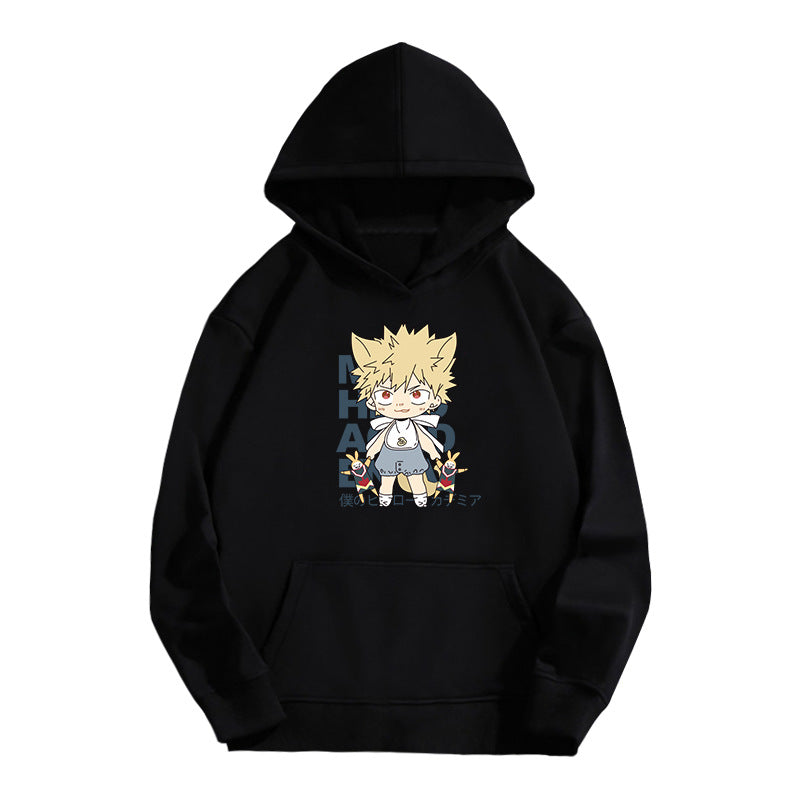 Unisex Anime Letter Printed Black Pullover Hoodie