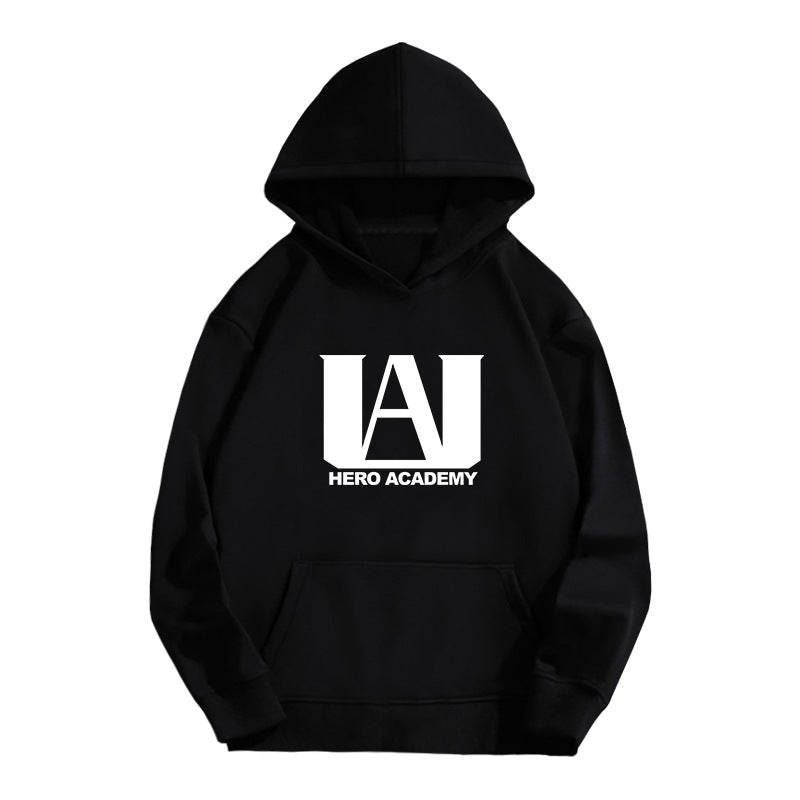 Unisex Anime Letter Printed Black Pullover Hoodie