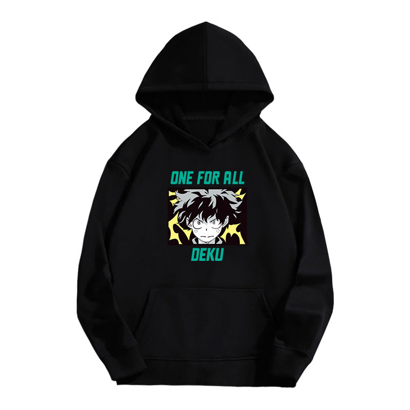 Unisex Anime Letter Printed Black Pullover Hoodie