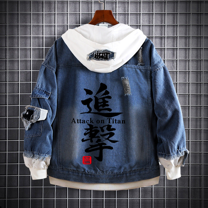 Unisex Anime Fake Two Hooded Denim Jacket