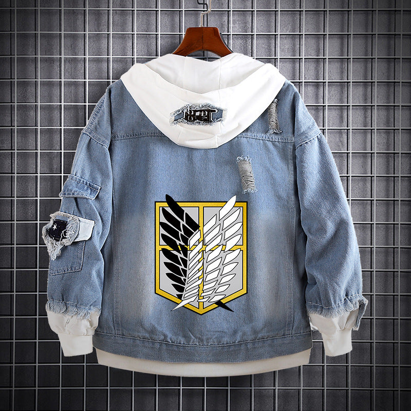 Unisex Anime Fake Two Hooded Denim Jacket
