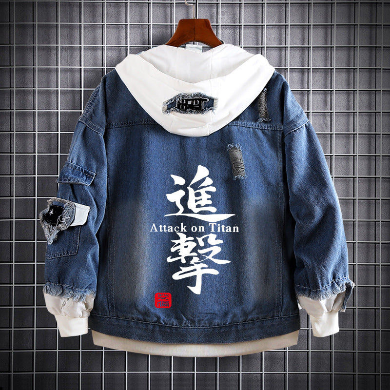 Unisex Anime Fake Two Hooded Denim Jacket