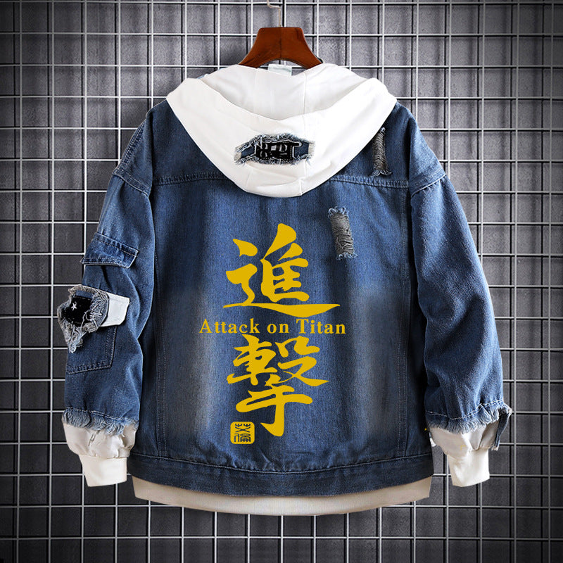Unisex Anime Fake Two Hooded Denim Jacket